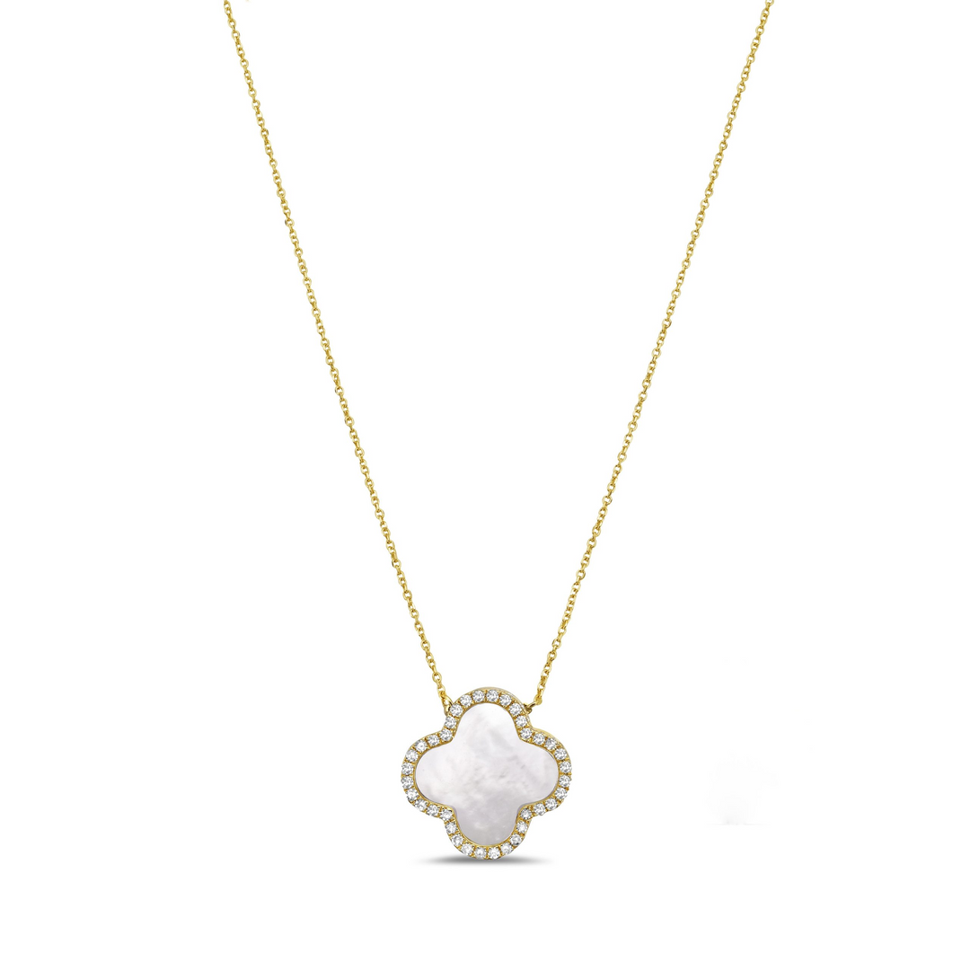 Clover Mother of Pearl Flower Diamond Necklace .12ct 14k Yellow Gold
