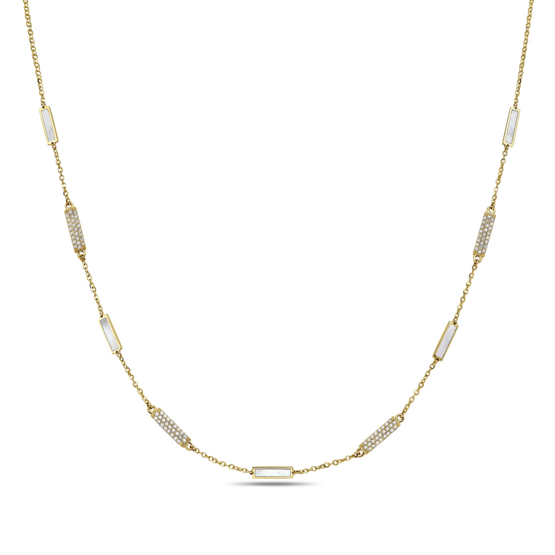 Mother of Pearl Station Diamond Necklace .58ct 14k Yellow Gold