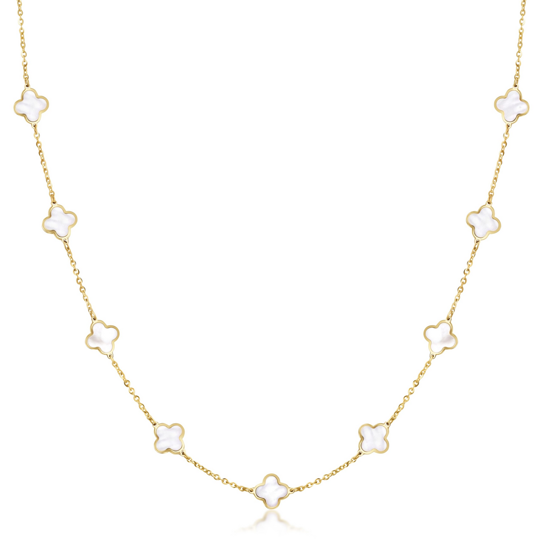 14k Yellow Gold Mother of Pearl Clover Station Necklace