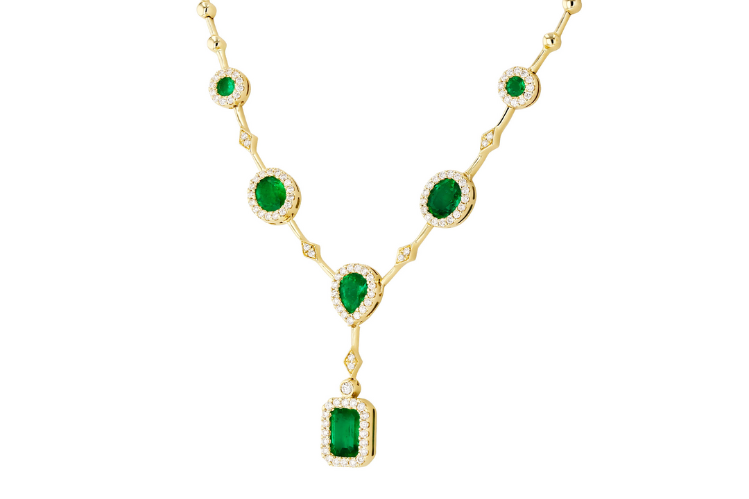 14k Yellow Gold Multi Shape Emerald Y Necklace