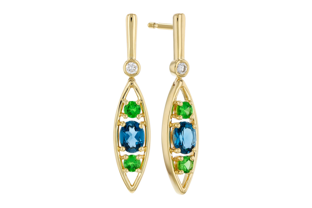 14k Yellow Gold Multi Shape Multi Gemstone Drop Earrings