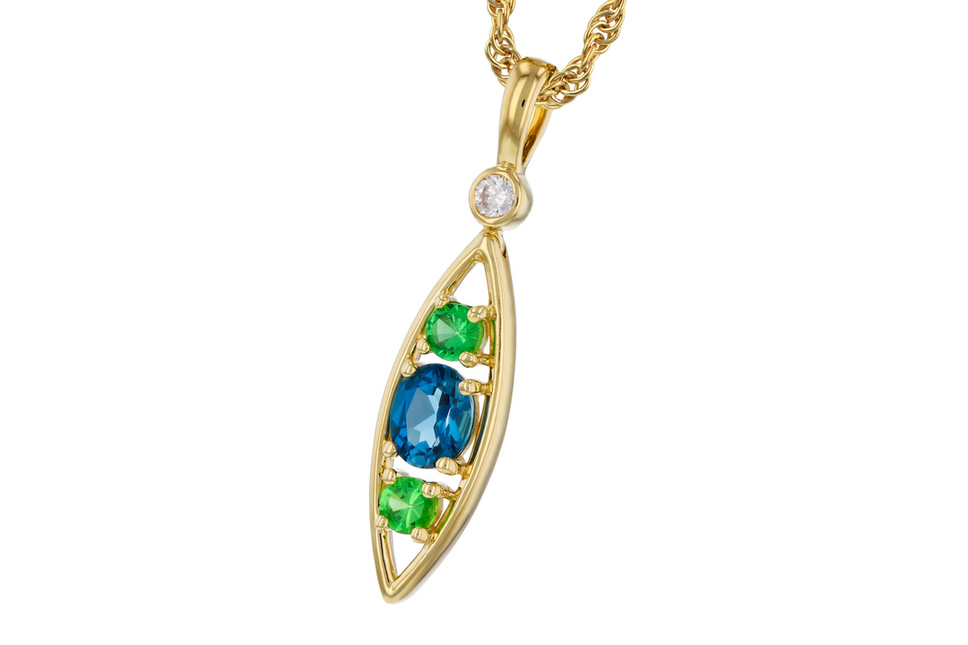 14k Yellow Gold Blue Topaz,Green Garnet, Diamond,Free Form Pendant
