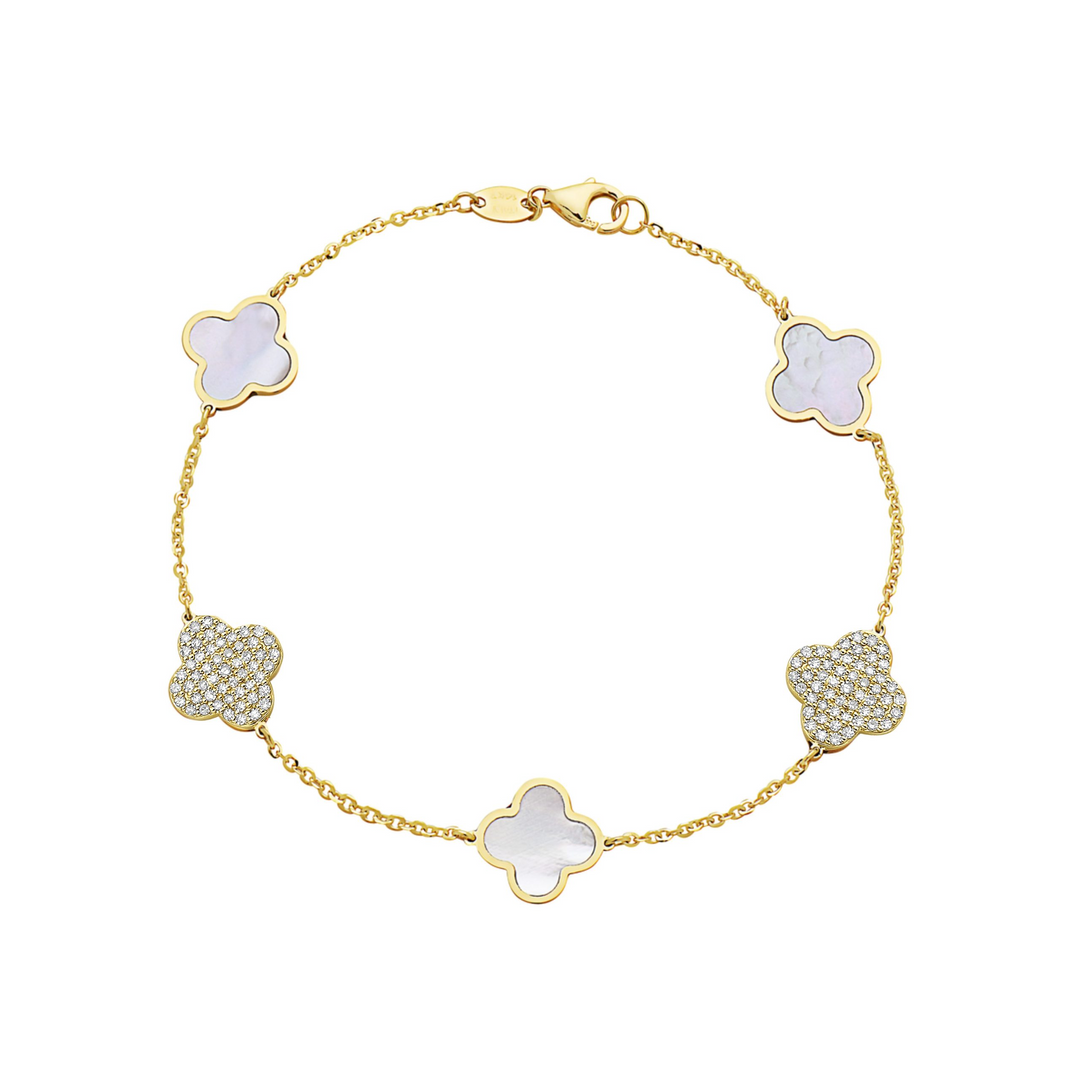 14k Yellow Gold Cable Link .70ct Total with Mother of Pearl Clover link Diamond Bracelet
