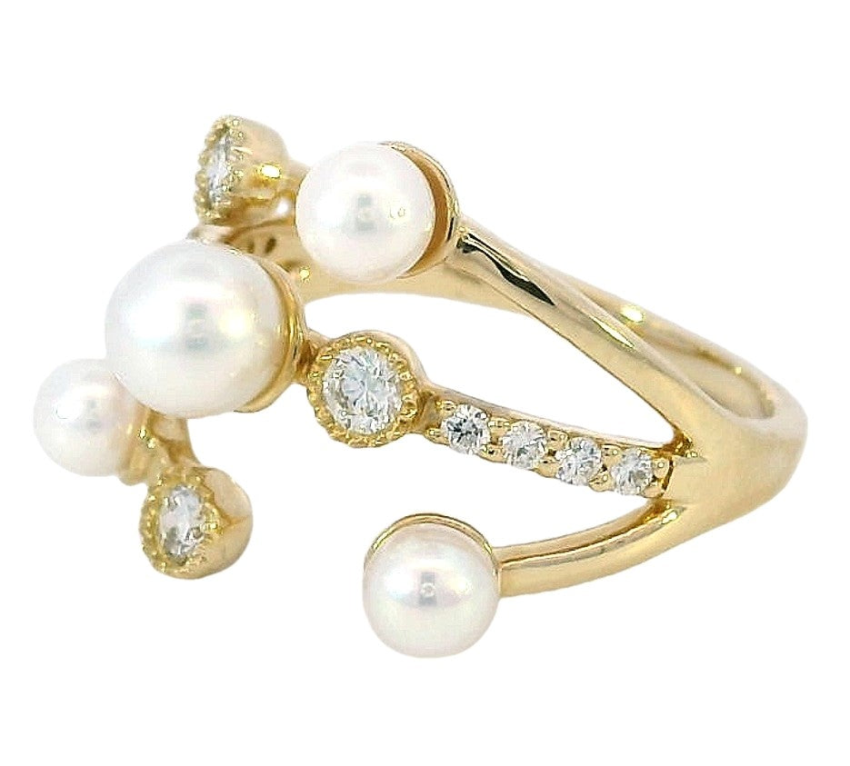3 Row Pearl and Diamond Ring, 14k Yellow Gold