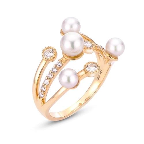 3 Row Pearl and Diamond Ring, 14k Yellow Gold