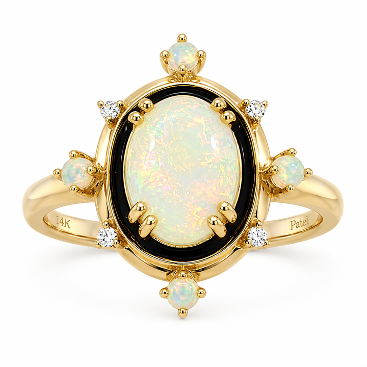 14k Yellow Gold Multi Shape Opal Vintage Black Enamle Border with Diamonds Ring