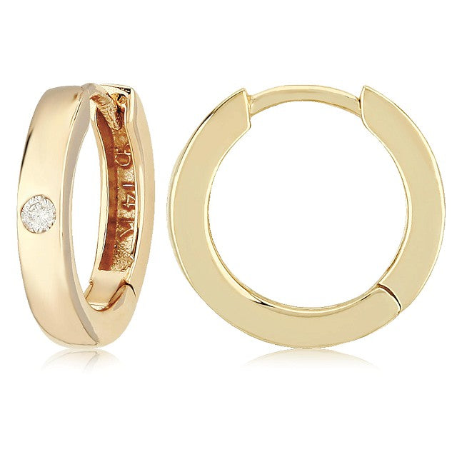 14k Yellow Gold Single Burnish Set Small Hoop .03ct Total Natural Diamond Earrings