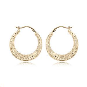 Floral Hoop .9 x .85 inch Earrings 14k Yellow Gold Engraved
