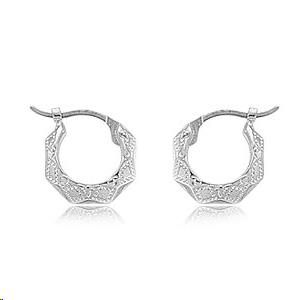 Embossed Hoop 3x12mm Earrings 14k White Gold Diamond Cut