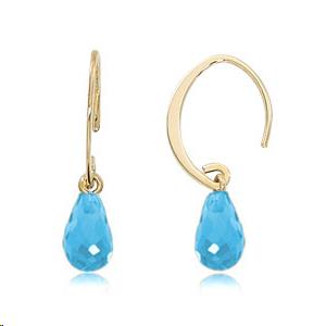 Simple Sweep 14k Yellow Gold Briolette Swiss Blue Topaz Drop Earrings