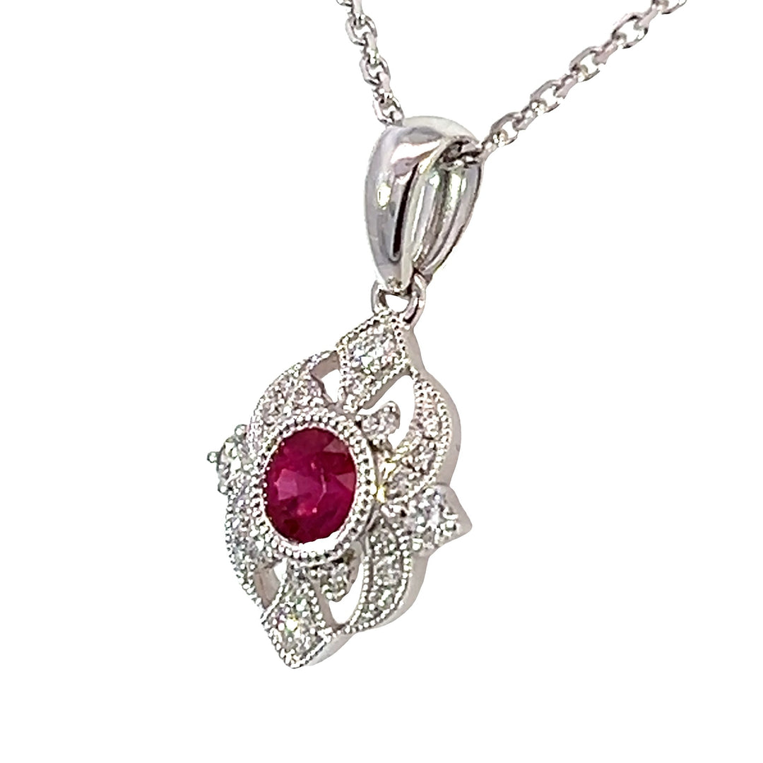 14k White Gold Round Ruby Vintage Pendant