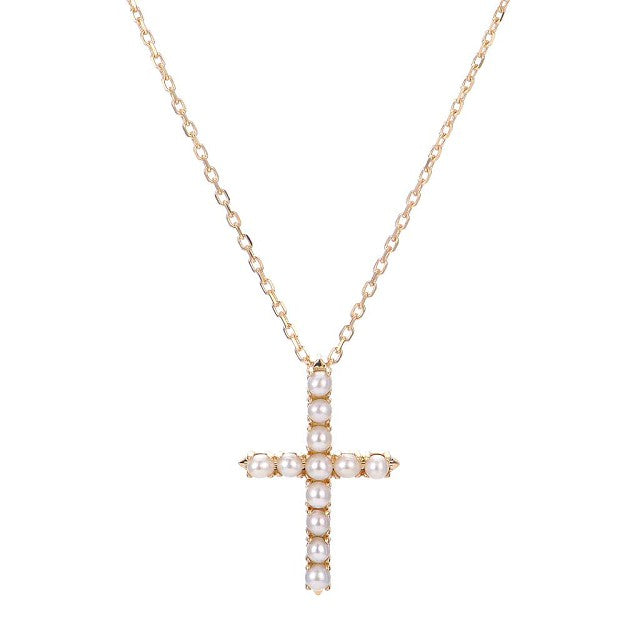 Religious Mini Freshwater Cross Pearl Pendant 14k Yellow Gold
