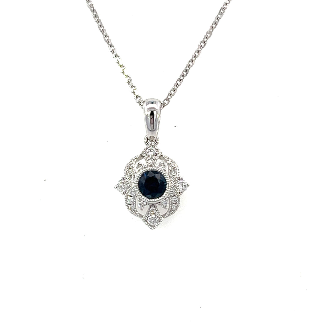 14k White Gold Round Sapphire Vintage Diamond Accented Pendant