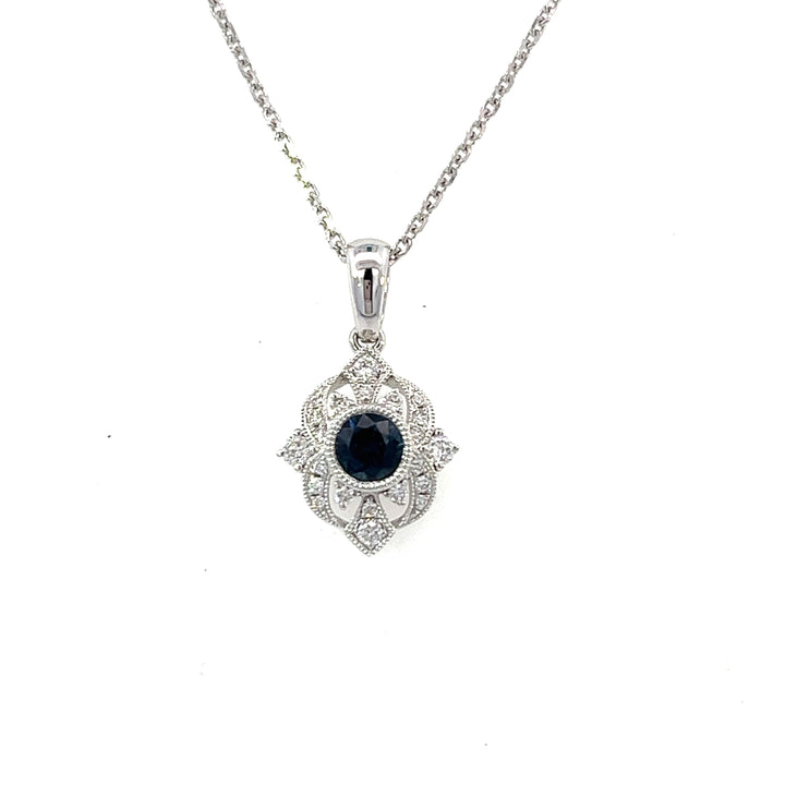 14k White Gold Round Sapphire Vintage Diamond Accented Pendant