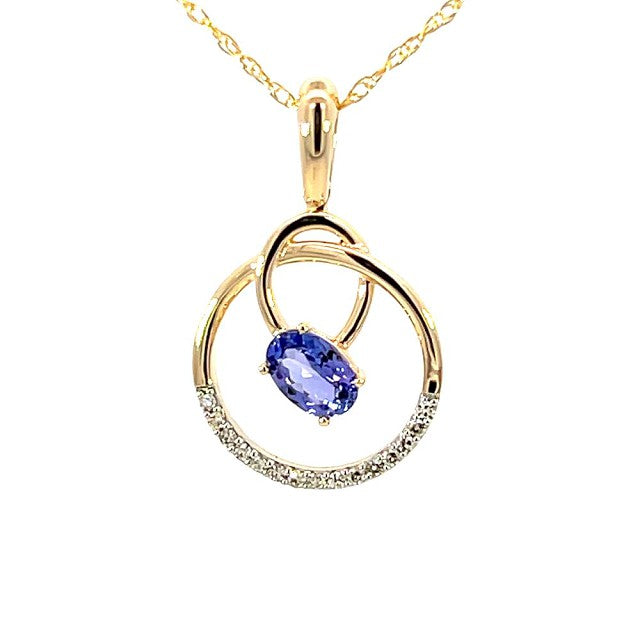 14k Yellow Gold Oval Tanzanite Free Form Overlapping Circles Pendant