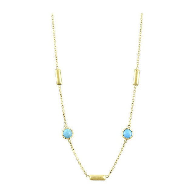 14k Yellow Gold Round Turquoise Alternating Bar and Bezel Set Station Necklace