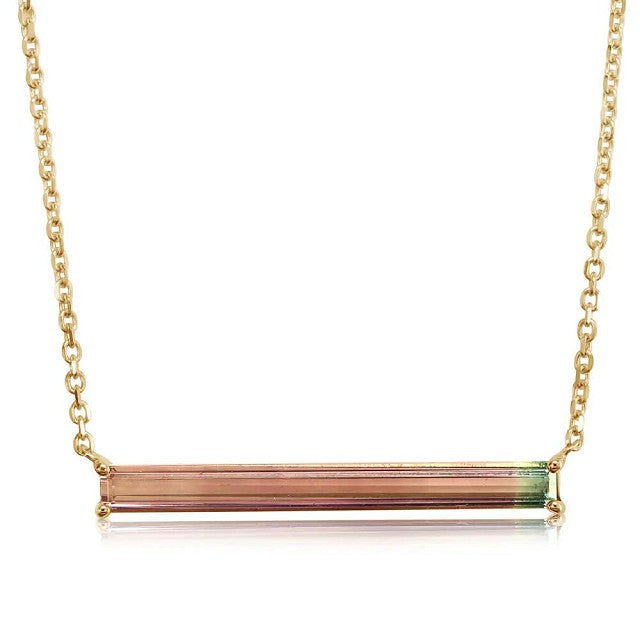 14k Yellow Gold Emerald Cut Watermelon Tourmaline Long Thin Horizontal Single Gemstone Necklace