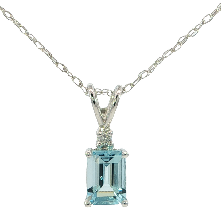 Diamond Accented 14k White Gold Emerald Cut Aquamarine Rabbit Ear Pendant