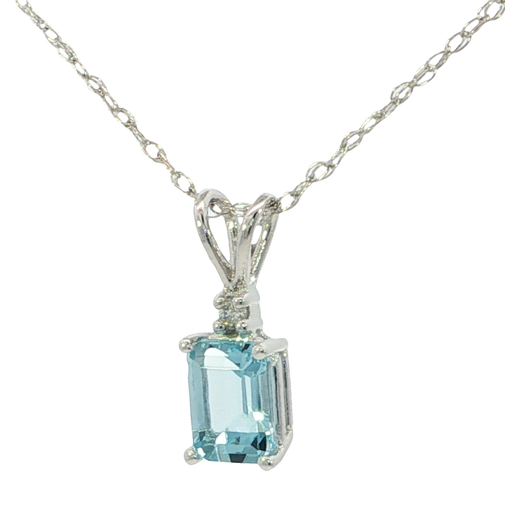 Diamond Accented 14k White Gold Emerald Cut Aquamarine Rabbit Ear Pendant