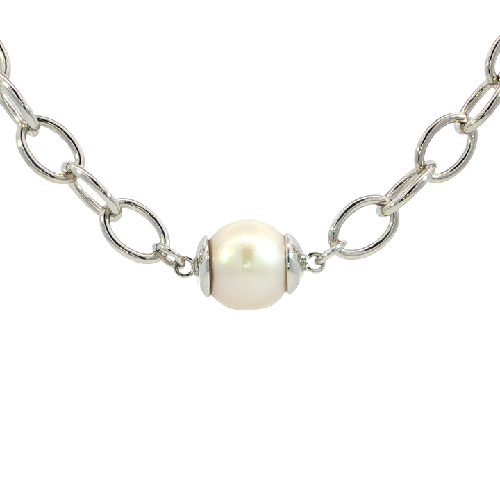 Large Link Pearl Necklace, Sterling Silver