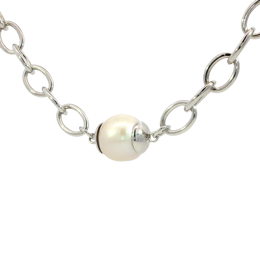 Large Link Pearl Necklace, Sterling Silver
