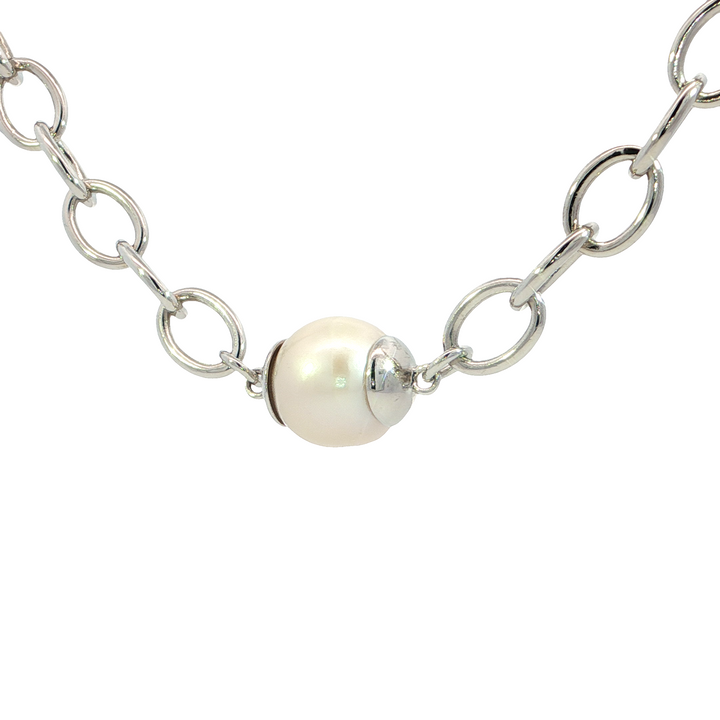 Large Link Pearl Necklace, Sterling Silver