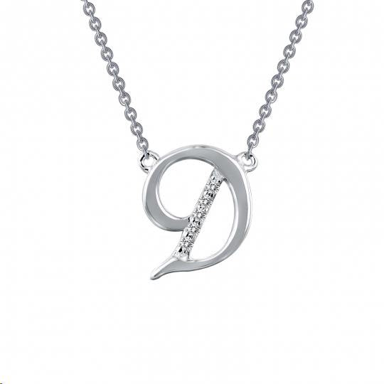 Cubic Zirconia Round Initial D Chain Attached Necklace in Sterling Silver