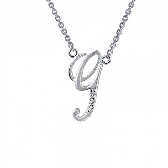 Cubic Zirconia Round Initial G Chain Attached Necklace in Sterling Silver