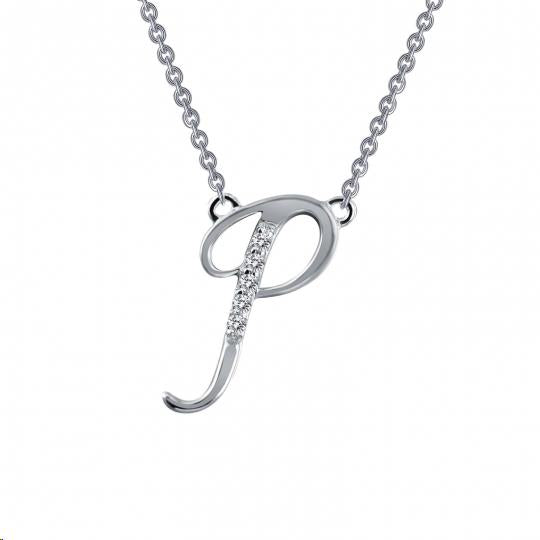 Cubic Zirconia Round Initial P Chain Attached Necklace in Sterling Silver