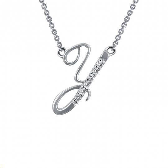 Cubic Zirconia Round Initial Y Chain Attached Necklace in Sterling Silver