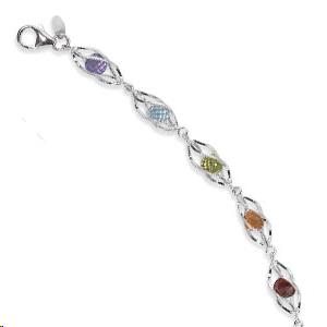 Sterling Silver Bead Multi Gemstone Fancy Link Bracelet
