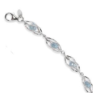 Sterling Silver White Gold Bead Swiss Blue Topaz Fancy Link Bracelet