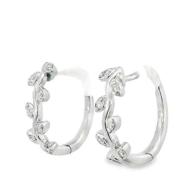 Sterling Silver White Gold Floral Small Hoop .13ct Total Natural Diamond Earrings