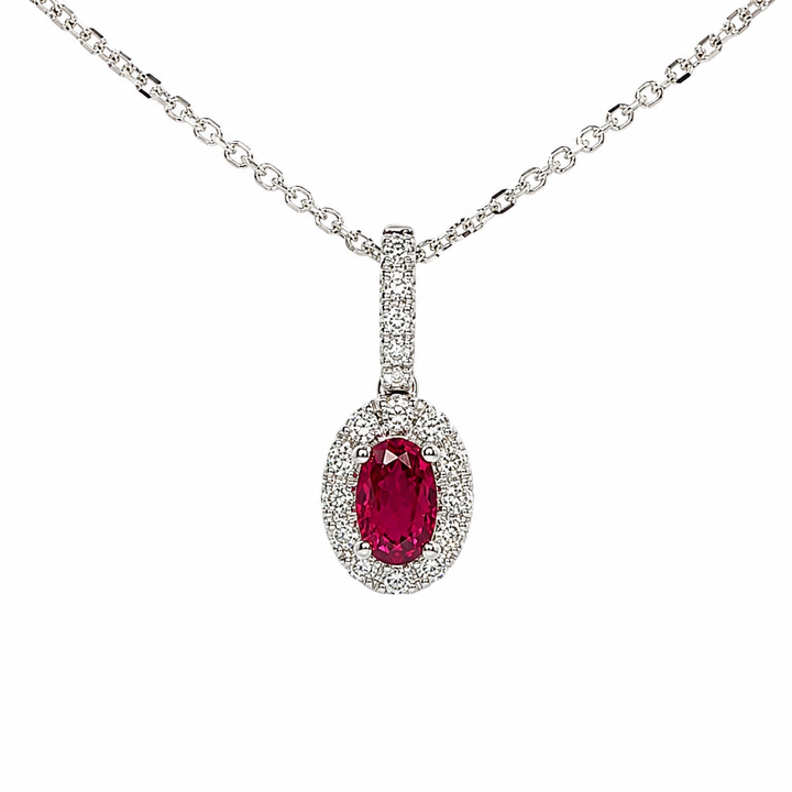 14k White Gold Oval Ruby Halo Diamond Accented Pendant