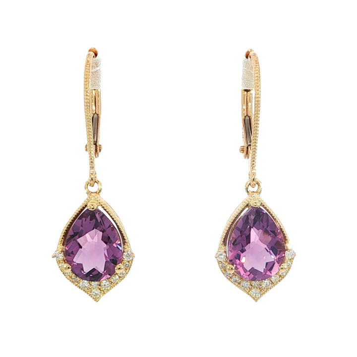 14k Yellow Gold Pear Amethyst Drop Earrings