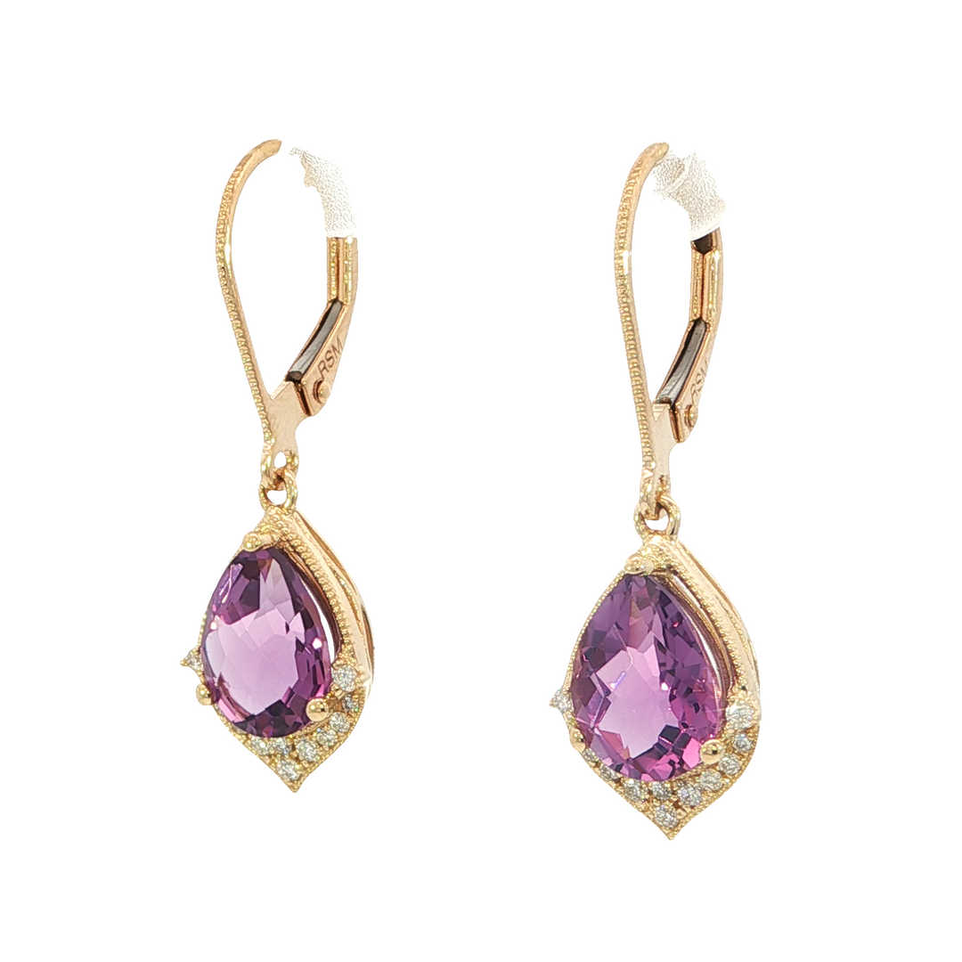 14k Yellow Gold Pear Amethyst Drop Earrings