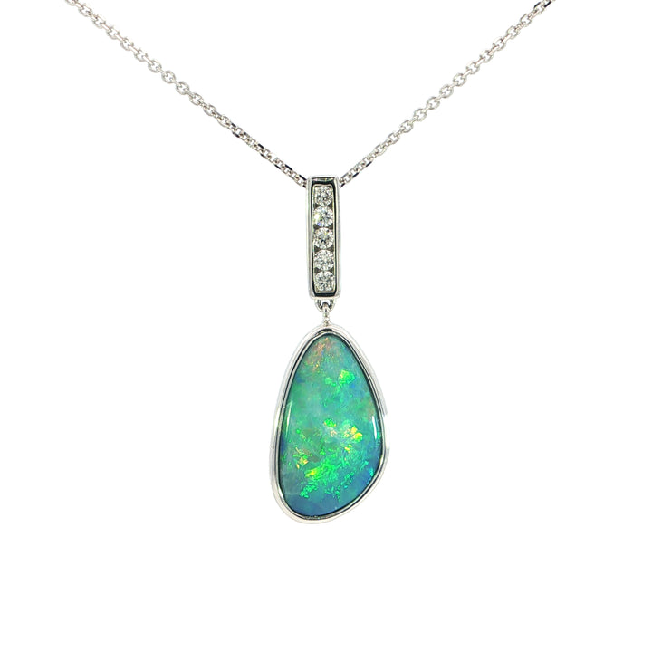 14k White Gold Freeform Opal Free Form Diamond Accented Pendant