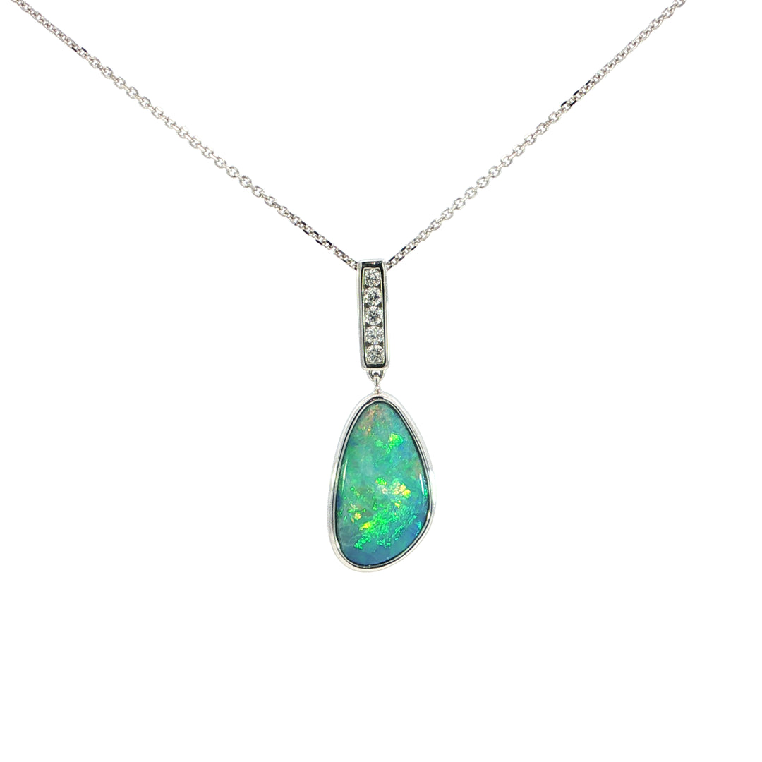 14k White Gold Freeform Opal Free Form Diamond Accented Pendant