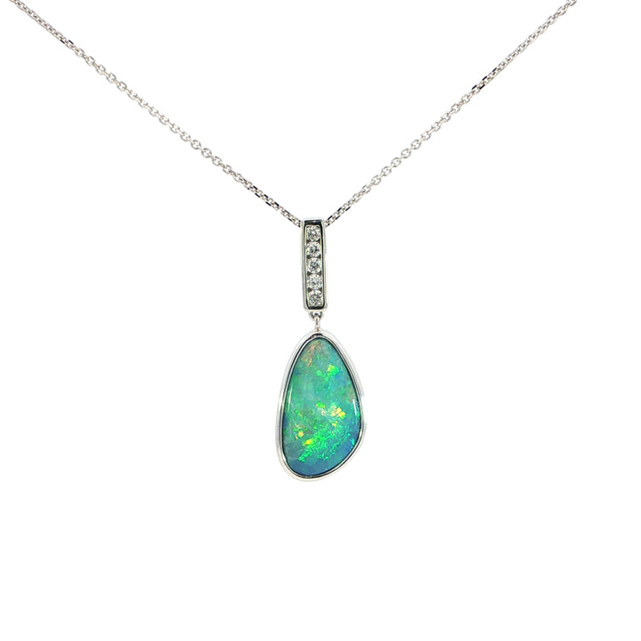 14k White Gold Freeform Opal Free Form Diamond Accented Pendant