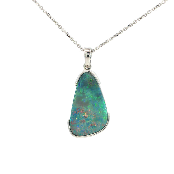 14k White Gold Freeform Opal Free Form Half Bezel Style Pendant