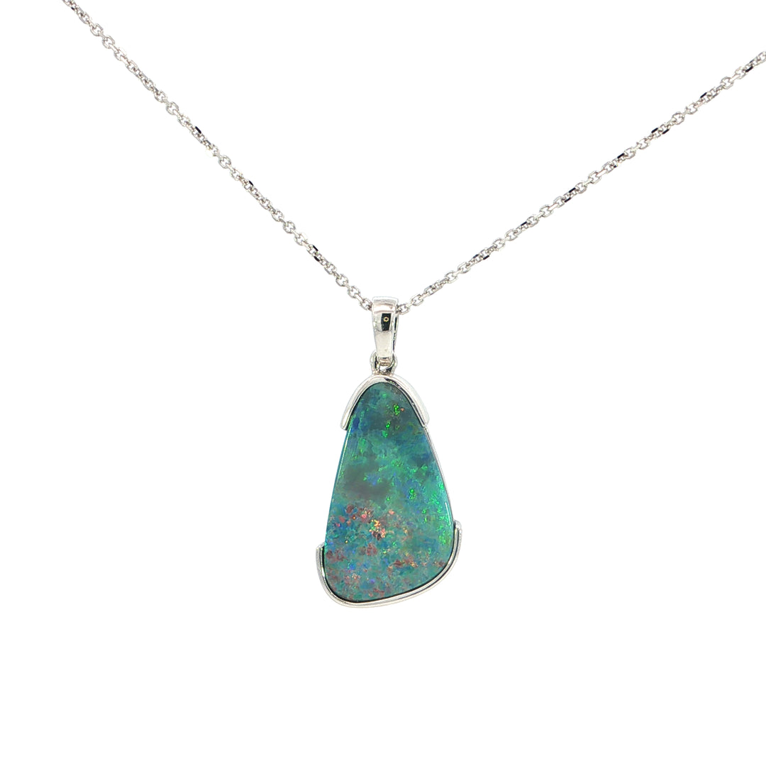 14k White Gold Freeform Opal Free Form Half Bezel Style Pendant