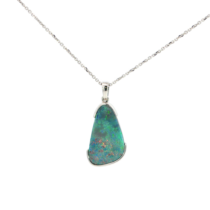 14k White Gold Freeform Opal Free Form Half Bezel Style Pendant