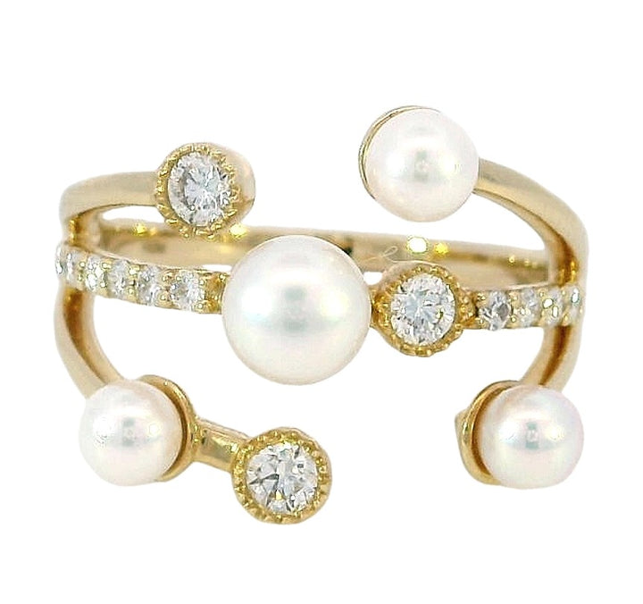 3 Row Pearl and Diamond Ring, 14k Yellow Gold