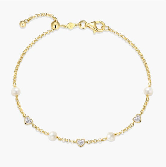 Pearls and Hearts Sterling & 14k Yellow Gold Plated Lab Grown Diamond Bracelet