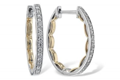 .25ct Diamond two tone hoop earrings with round accenting diamonds set around front of outside with scalloped yellow gold look on the inside, 14k two tone, HI Color, I1 Clarity