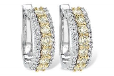 Hoop Earrings with round natural yellow diamonds set down the center in 14k yellow gold totaling 1.15ct and row of G SI1/SI2 round accenting diamonds set down each side in 14k