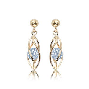 14k Yellow Gold Post Earrings with Round 3.9mm Gold Ball Above Swirled Cage with Faceted Blue Topaz Bead Floating inside Cage