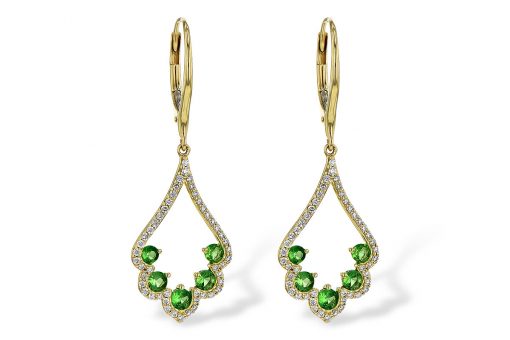 Drop Scalloped design Tsavorite and diamond earrings with 5 round tsavorite in each earring and round accenting diamonds lining the earrings, tsavorites totaling .64ct and diamonds totaling .34ct, diamonds G SI2, 14k yellow gold