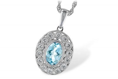 Oval .62ct Aquamarine pendant with 12 round accenting bezel set diamonds surrounding the center with milgrain edging, diamonds totaling .14ct GH SI2, 14k white gold 18 inch rope chain with lobster clasp