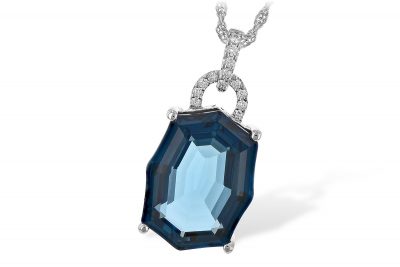 Fancy Shape 11.75ct Londong Blue Topaz pendant with open loop of accenting diamonds above with accenting diamond lined bale, all diamonds totaling .10ct, G SI1/SI2 on 18 inch 14k white gold rope chain with lobster clasp